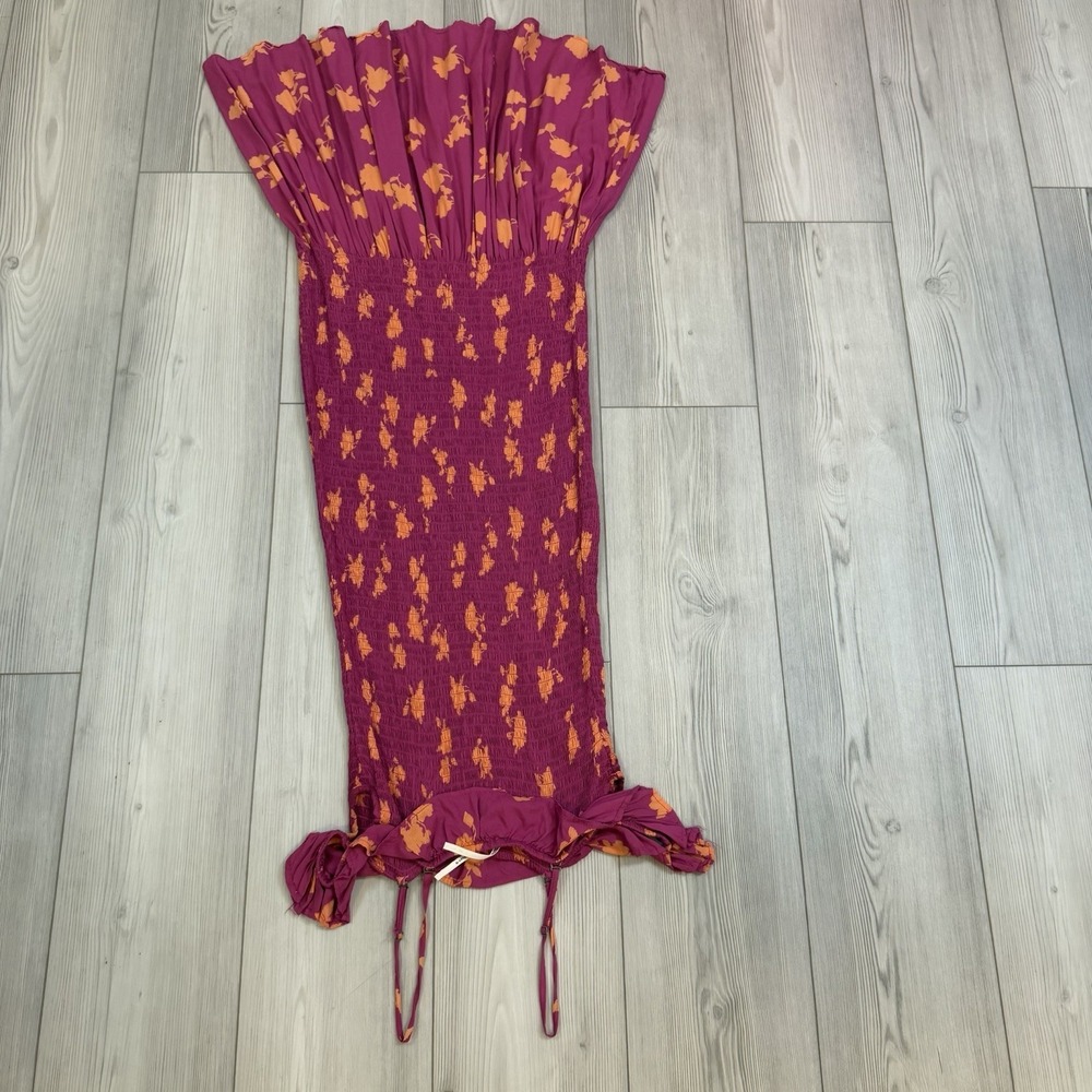 By Anthropologie XS Off-The-Shoulder Smocked Midi Dress Pink Orange Floral - Picture 10 of 13